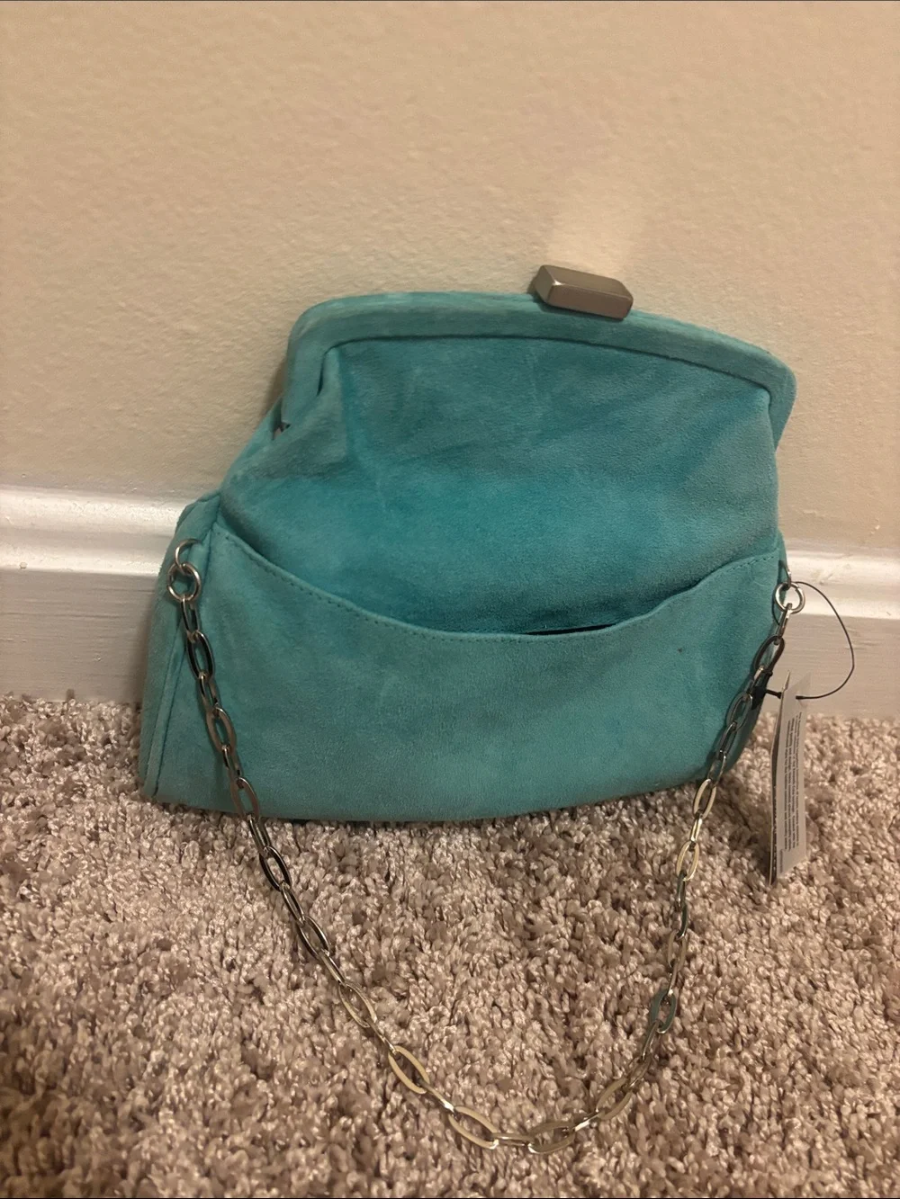 Vintage Turquoise Suede Chain-Handle Clutch